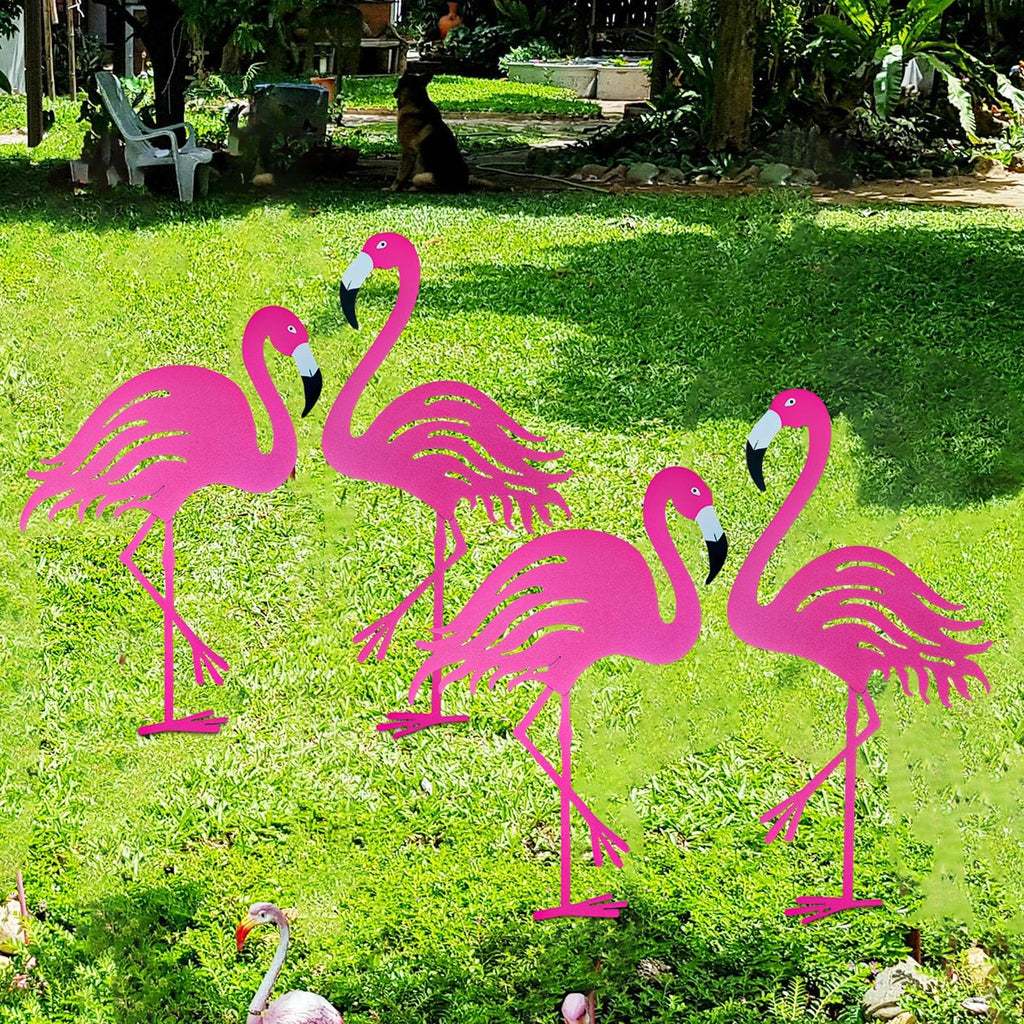Riakrum 4 Pcs Flamingos Outdoor Yard Decor Pink Metal Flamingos for Yard Garden Large Bird Statue Ornaments for Lawn, Patio Outside Art Decor