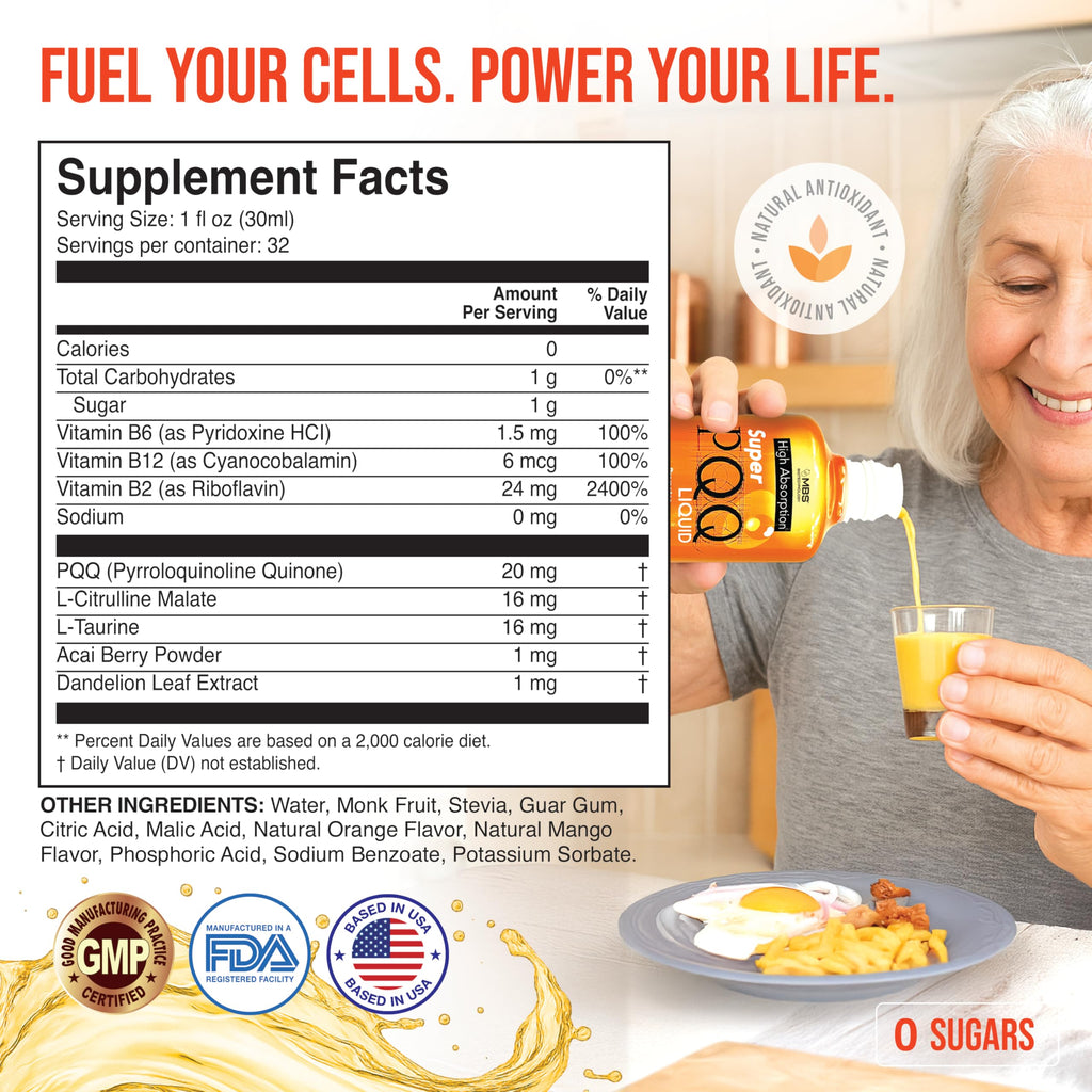 MBS Biotechnology - Super PQQ Liquid - Highly Absorbable Pyrroloquinoline Quinone 20 Milligram, Best Liquid PQQ for Mitochondrial Biogenesis, Supports Heart Health, Cognitive Function and Mental Focus