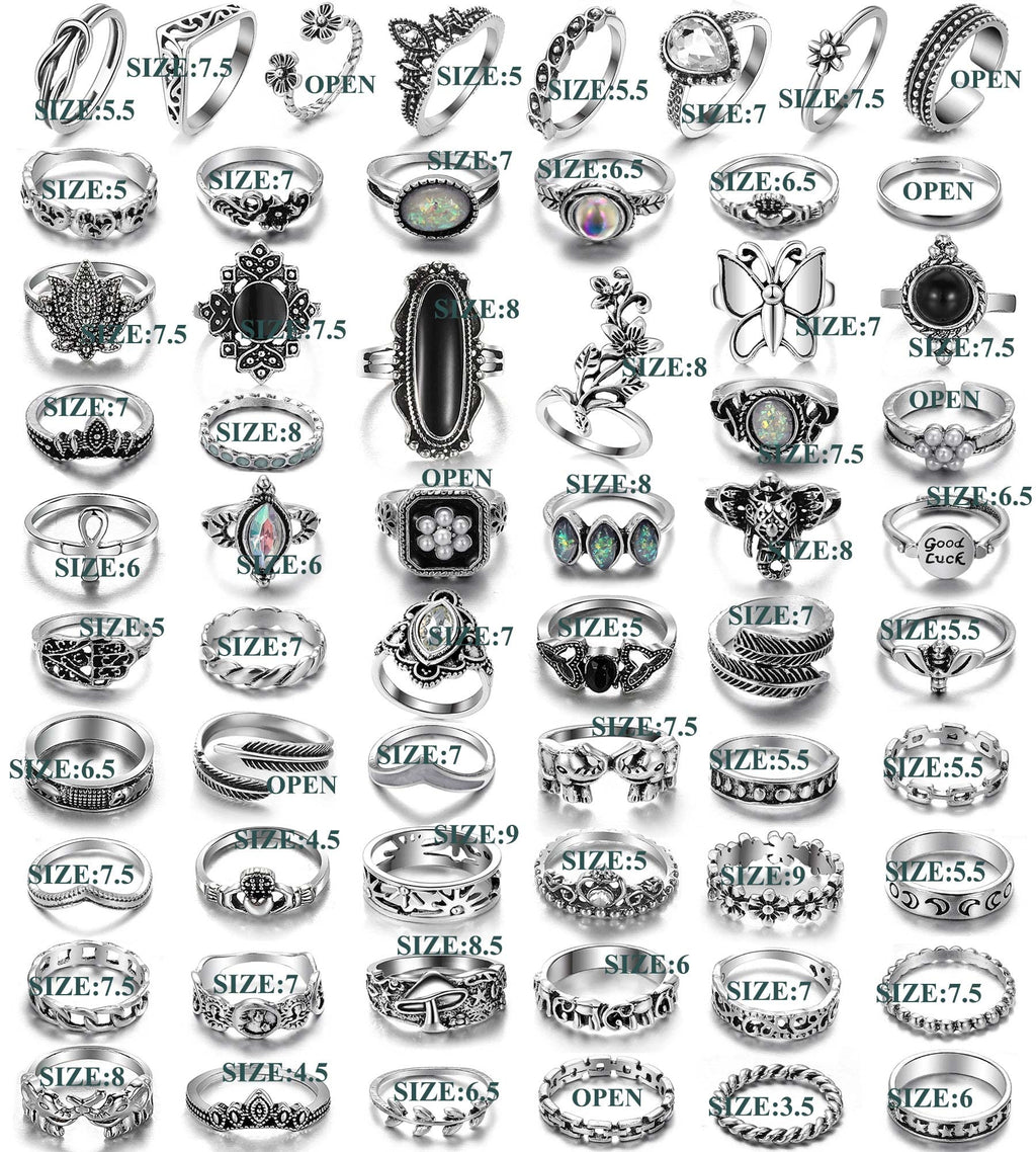 17IF 60 PCS Vintage Silver Goth Ring Set for Women, Punk Boho Chunky Knuckle Stackable Finger Ring Pack Aesthetic Grunge Adjustable Retro Stone Opal Crystal Cat Snake Flower Gothic Rings