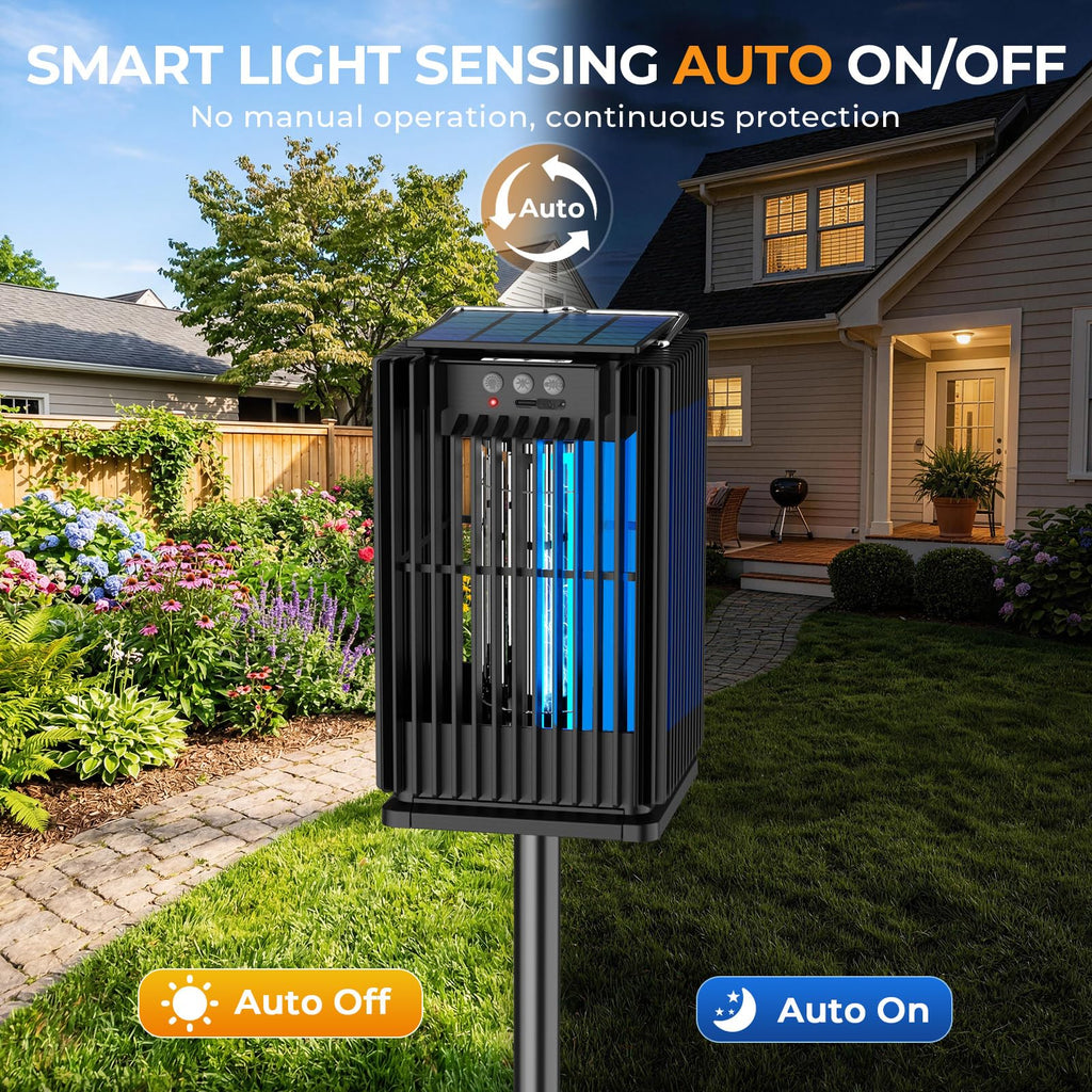 Solar Bug Zapper Outdoor, Solar Mosquito Zapper Outdoor with Ground Bracket, AUTO On/Off Solar Fly Zapper with Illuminated Light, Rechargeable Cordless Mosquito Traps for Camping Paito Backyard Garden
