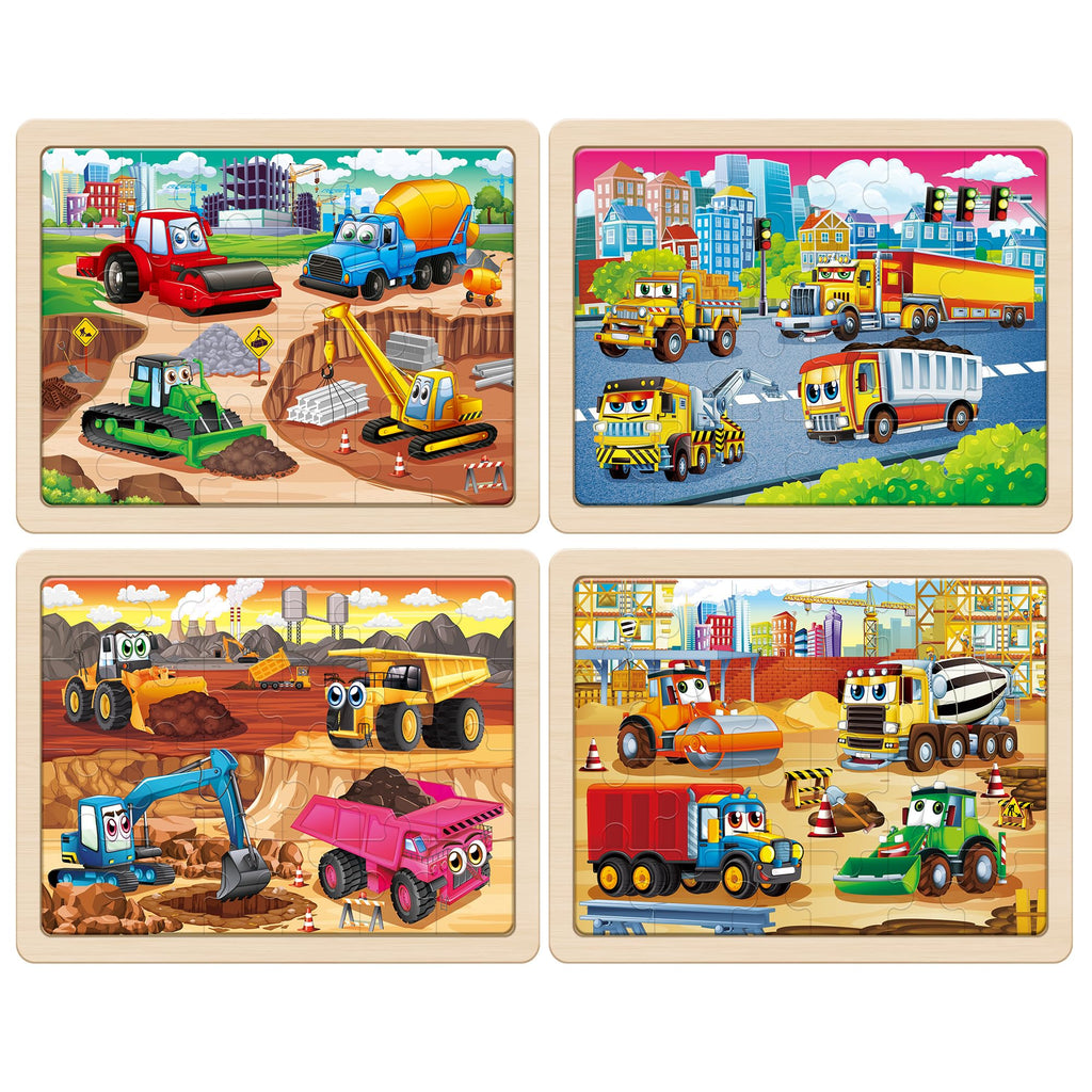 SYNARRY Large Wooden Construction Vehicle Puzzles for Kids Ages 4-6