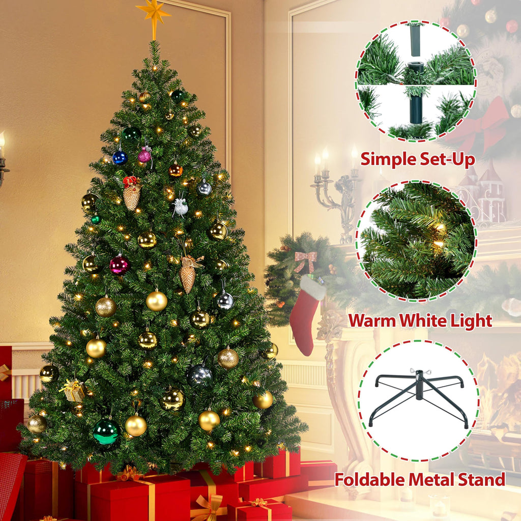Yaheetech 6Ft Pre-lit Spruce Artificial Hinged Christmas Pine Tree Prelighted Holiday Xmas Tree for Home Party Decoration with 300 Warm White Lights and 818 Branch Tips, Green