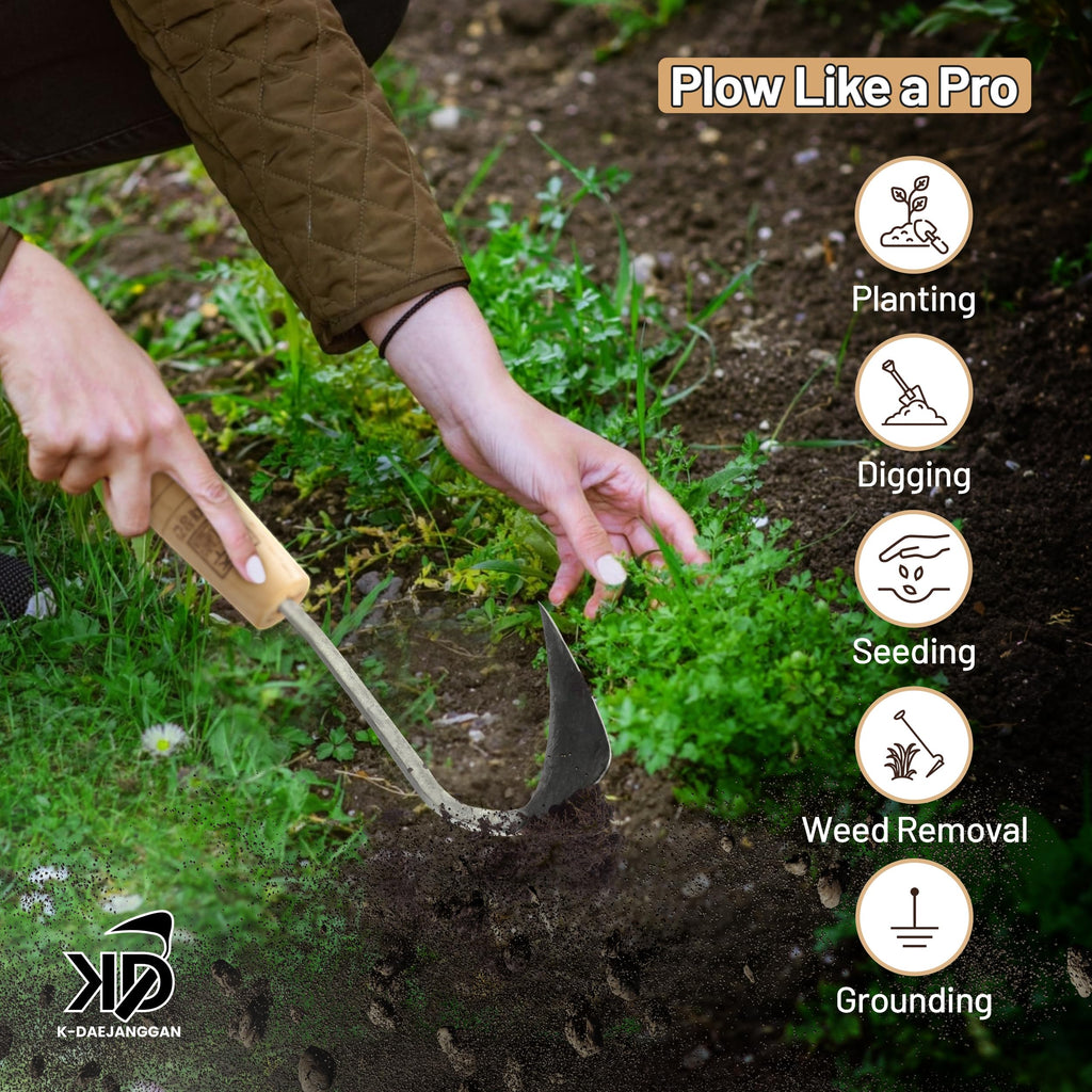 Fits All Hand Sizes: Youngju Homi & Korean Garden Hand Plow Hoe - Korean Master Blacksmith Seok No Ki Crafted - Ideal for Easy Gardening, Weeding, Farming - Safety Cover Included. Authentic, Handmade