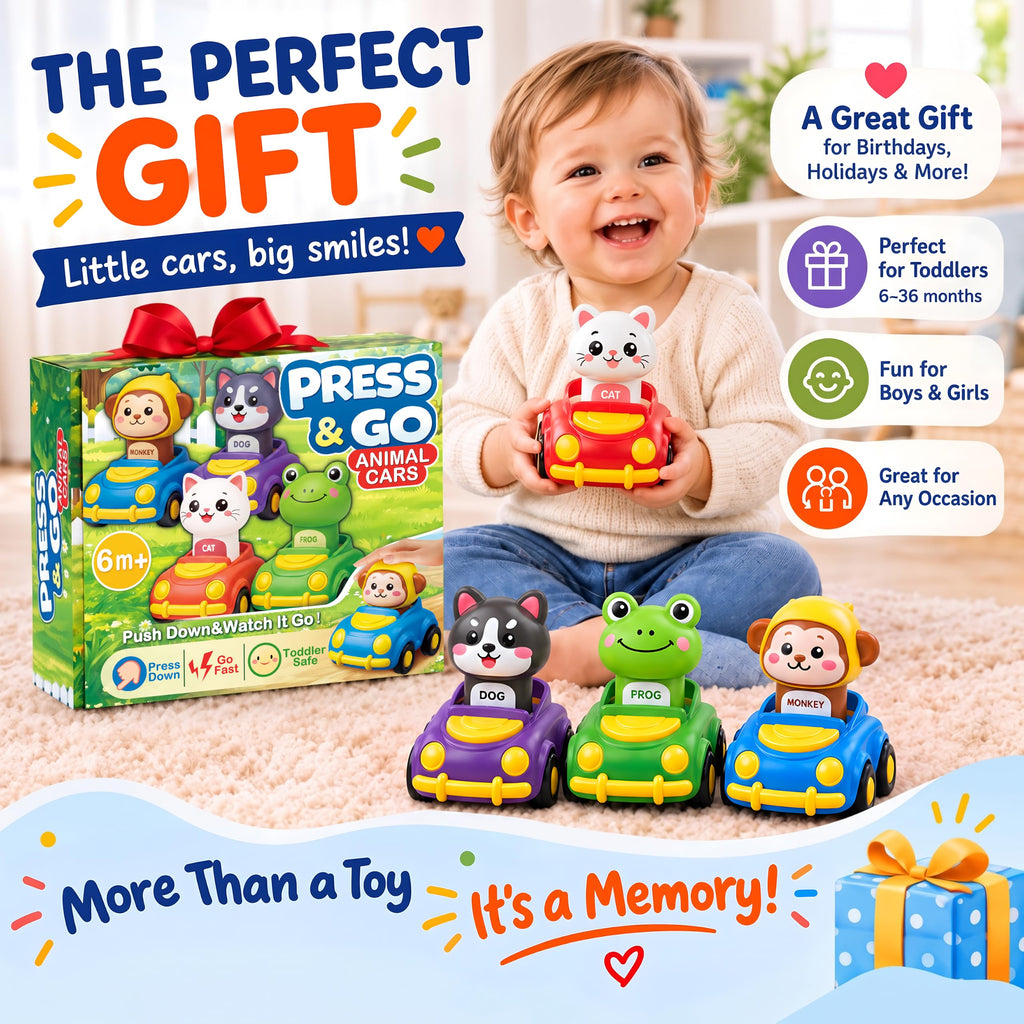 Press to Go Cars for Toddlers 1-3, 4-Pack Animal Toys for 1 Year Old Boy