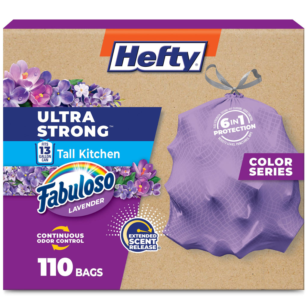 Hefty Ultra Strong 13 Gal Purple Kitchen Trash Bags, Lavender Scent, 110ct