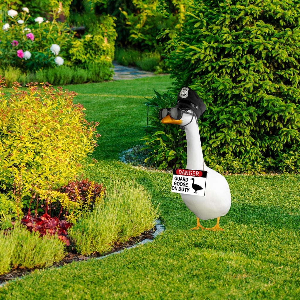 CAMDUCK 3 Pcs Porch Goose Accessories Porch Goose Sign Goose Police Hat Eyeglasses Wooden Gooses Warning Sign Danger Guard Geese on Duty Warning Sign Geese Outfits Decor for Yard Porch Lawn