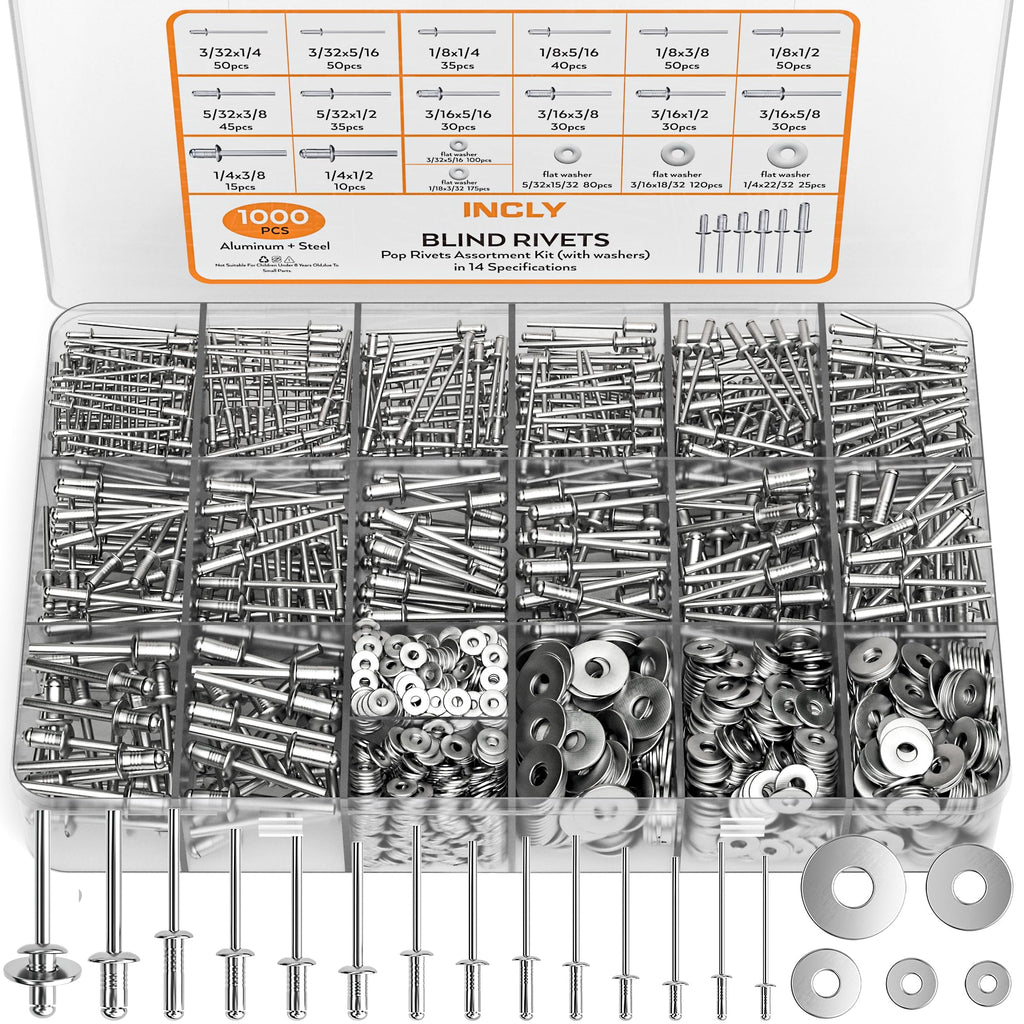 INCLY 1000PCS Aluminum Pop Rivets Assortment Kit with Washers