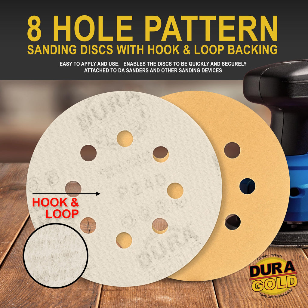 Dura-Gold Premium 240 Grit 5" Sandpaper Discs, 8 Hole Pattern Dustless, 50 Discs - Hook & Loop Backing for Orbital DA Sander, Detailing Finishing Color Sanding Automotive Paint Woodworking