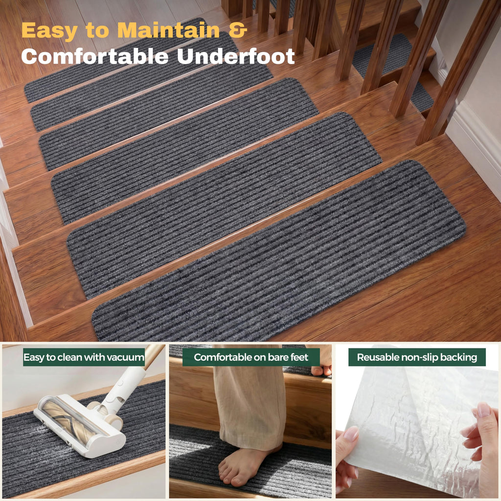MBIGM 8" X 30" (15 in Pack) Non-Slip Carpet Stair Treads Non-Skid Safety Rug Slip Resistant Indoor Runner for Kids Elders & Pets with Reusable Adhesive - Gray - Carpet Pads for Stairs