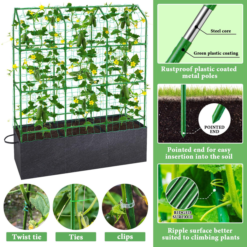 66x65x18 Inch Cucumber Trellis for Raised Bed - with 61 Gallon Grow Bags, Garden Trellis for Climbing Plants Outdoor with Climbing Net and Plant Support for Cucumber, Tomato, Vegetable, Grape, Vine