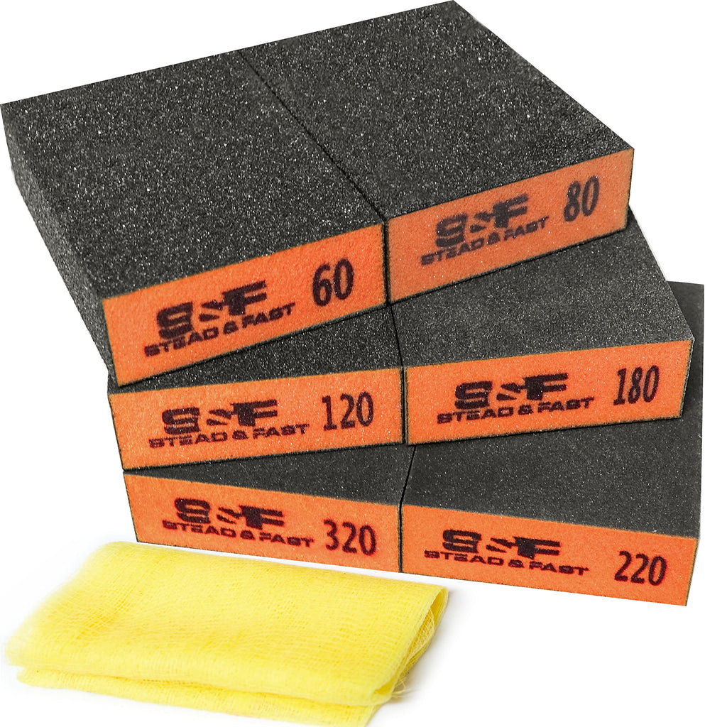 S&F STEAD & FAST Sanding Sponge 60 80 120 180 220 320 Grit 6 Pc, Tack Cloth