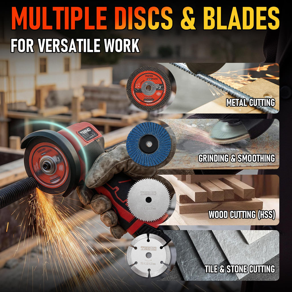 TEENO Cordless Angle Grinder Kit, 19,500 RPM Mini Electric Angle Grinding Tool with 2 pcs 16.8V 2000mAh Batteries and 6 Cutting Discs, 3-Inch Handheld Grinder for Metal/Wood Cutting and Grinding