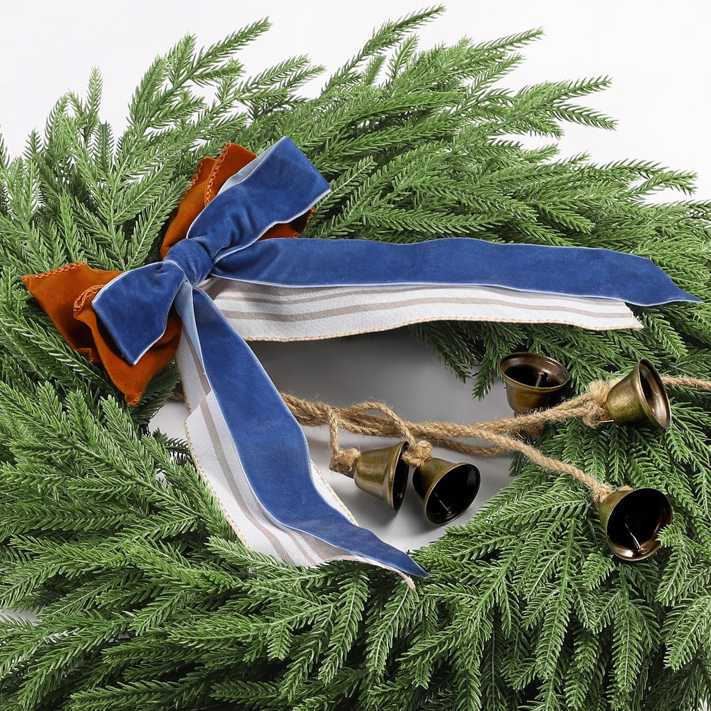 Christmas Decor, 22" Norfolk Pine Christmas Wreath with Bells and Ribbon