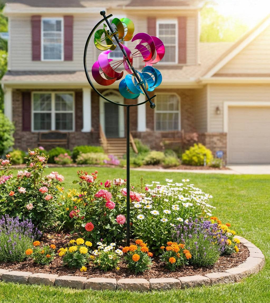 Large Kinetic Solar Wind Spinner Outdoor Metal 3D Yard Art with Stake