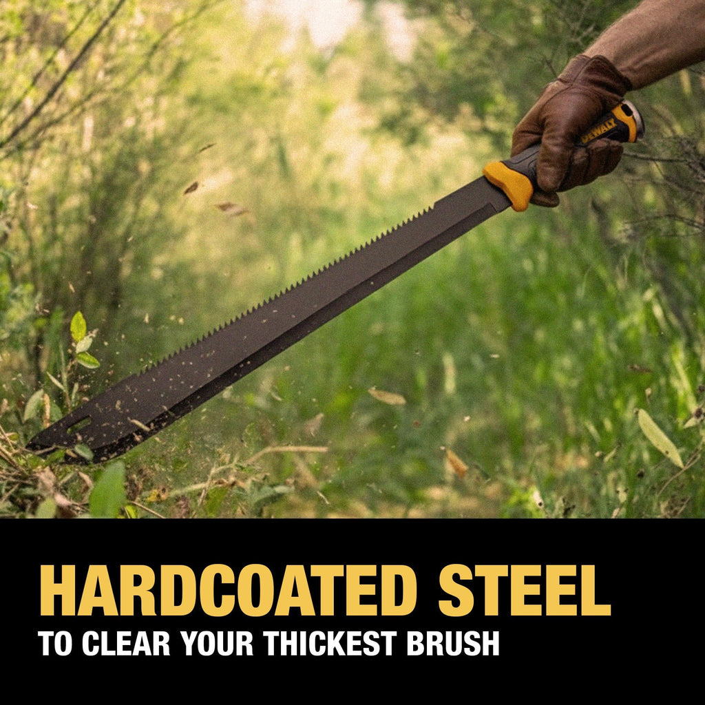 DEWALT 24 Inch MA60 Field Machete - Full Tang Stainless Steel Blade with Saw Back Construction & Non-Slip TPR Handle with Nylon Sheath for Brush Clearing, Yard Work, Camping & Outdoor Use