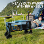 Timber Ridge Outdoor Collapsible Wagon with Brakes Utility Folding Cart Heavy Duty All Terrain Wheels for Shopping Camping Garden with Side Bag and Cup Holders, Blue