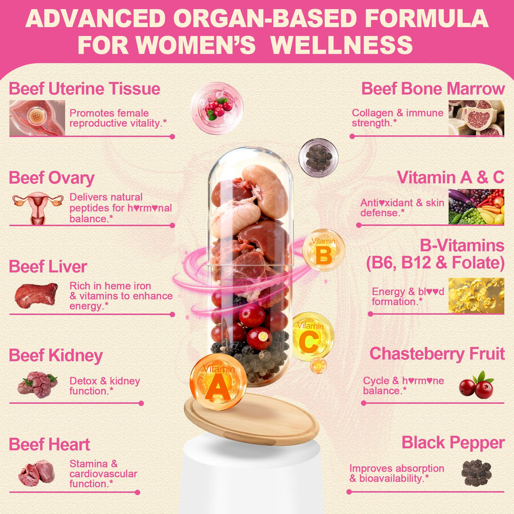 SKLIA Beef Organ Supplement for Women - Beef Liver, Kidney, Heart, Uterus Tissue, Ovary | Supports Women's Overall Energy and Wellness | Grass Fed, Pasture Raised in New Zealand, 120ct,1P
