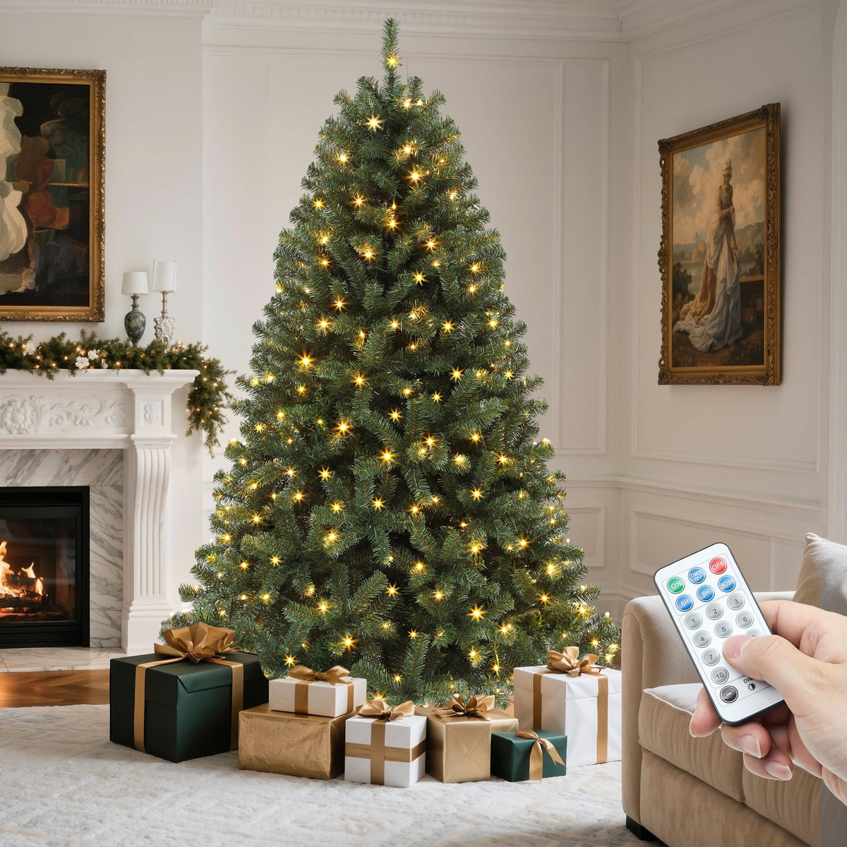 YITAHOME 6ft Pre-Lit Green Artificial Hinged Christmas Tree with Remote