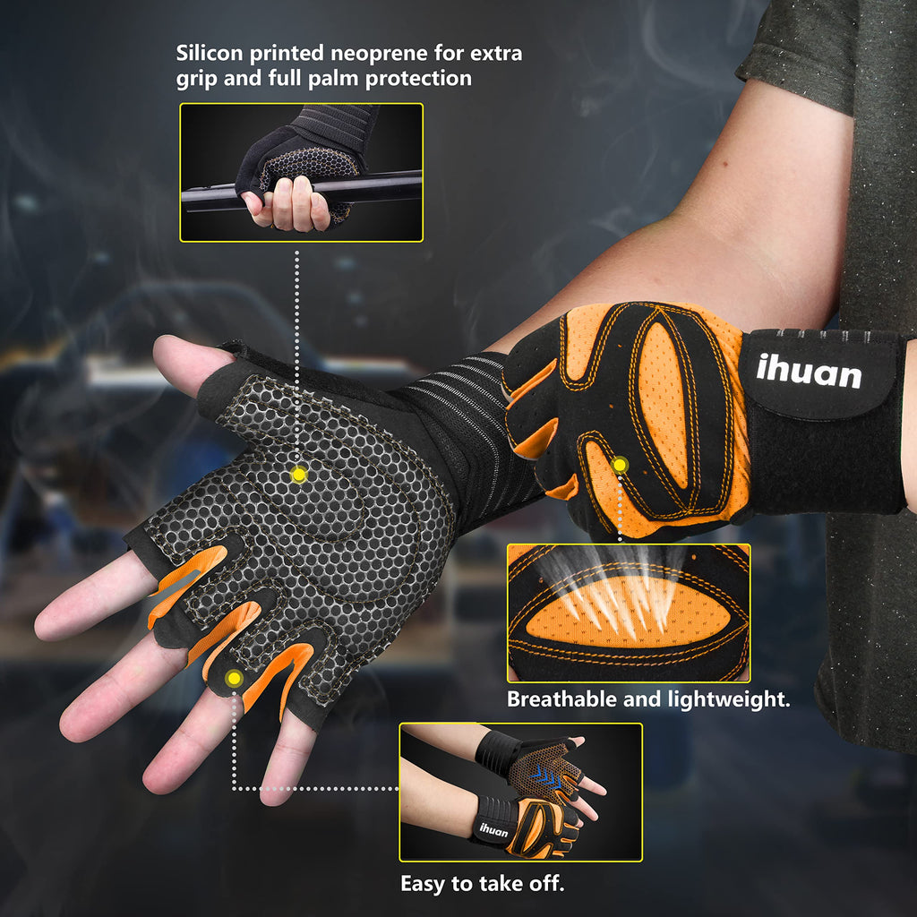 ihuan Ventilated Weight Lifting Gym Workout Gloves with Wrist Wrap Support for Men & Women, Full Palm Protection, for Weightlifting, Training, Fitness, Hanging, Pull ups (Orange, L)