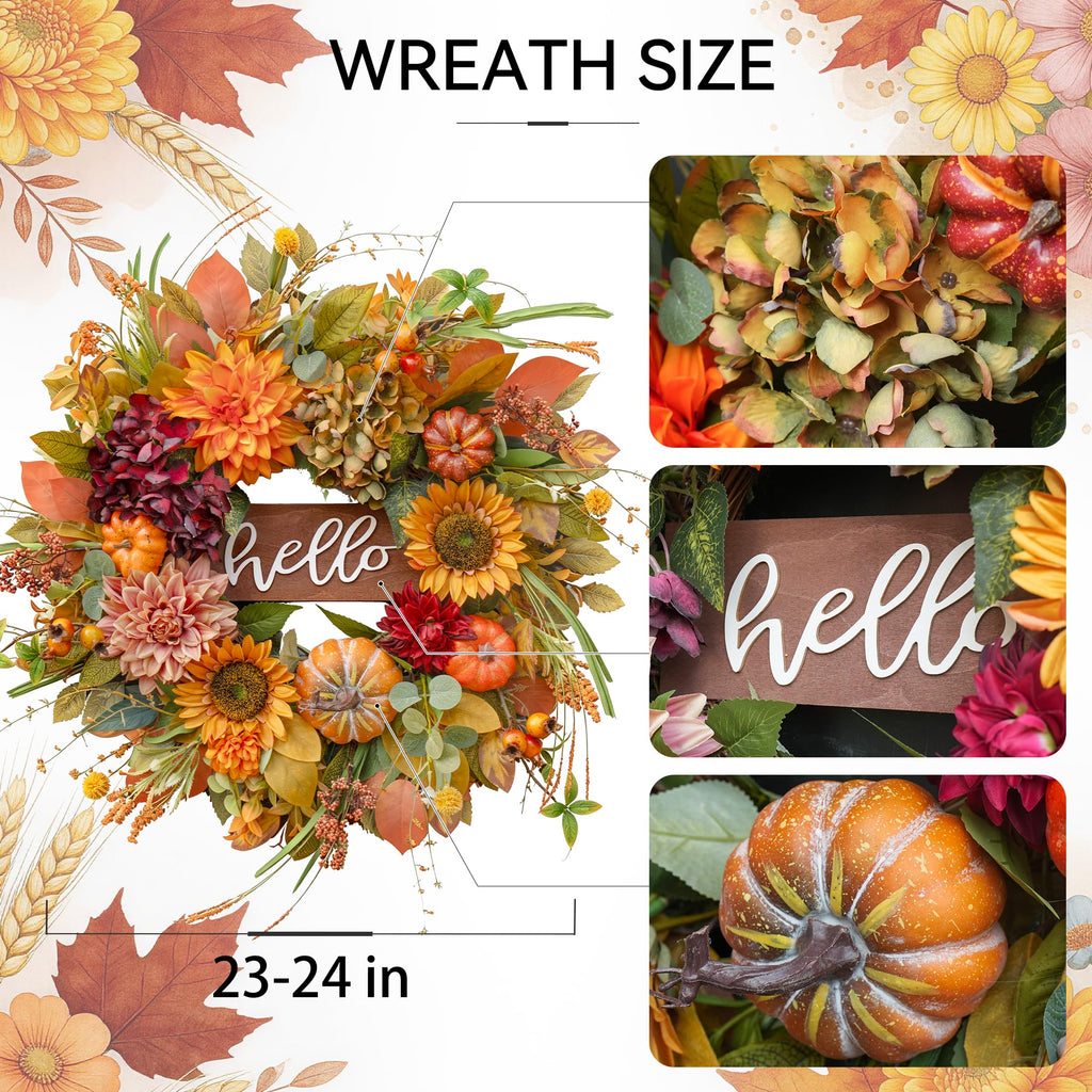 Fall Wreaths for Front Door 24 Inch Autumn Wreath with Sunflowers, Pumpkins