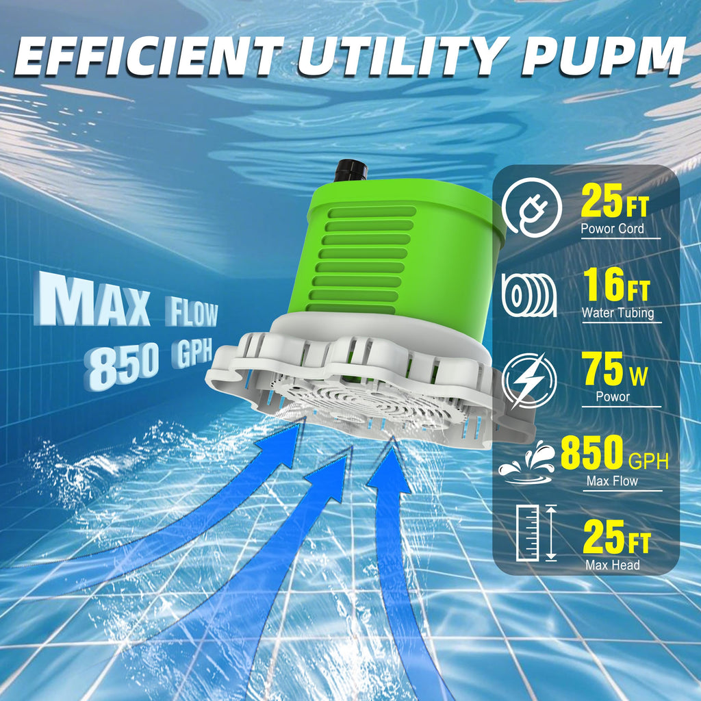 AgiiMan Pool Cover Pump Above Ground - 850 GPH Submersible Water Pump for Pool Draining, Portable Small Sump Pumps with 16' Drainage Hose and 25' Power Cord, 3 Adapters, Green