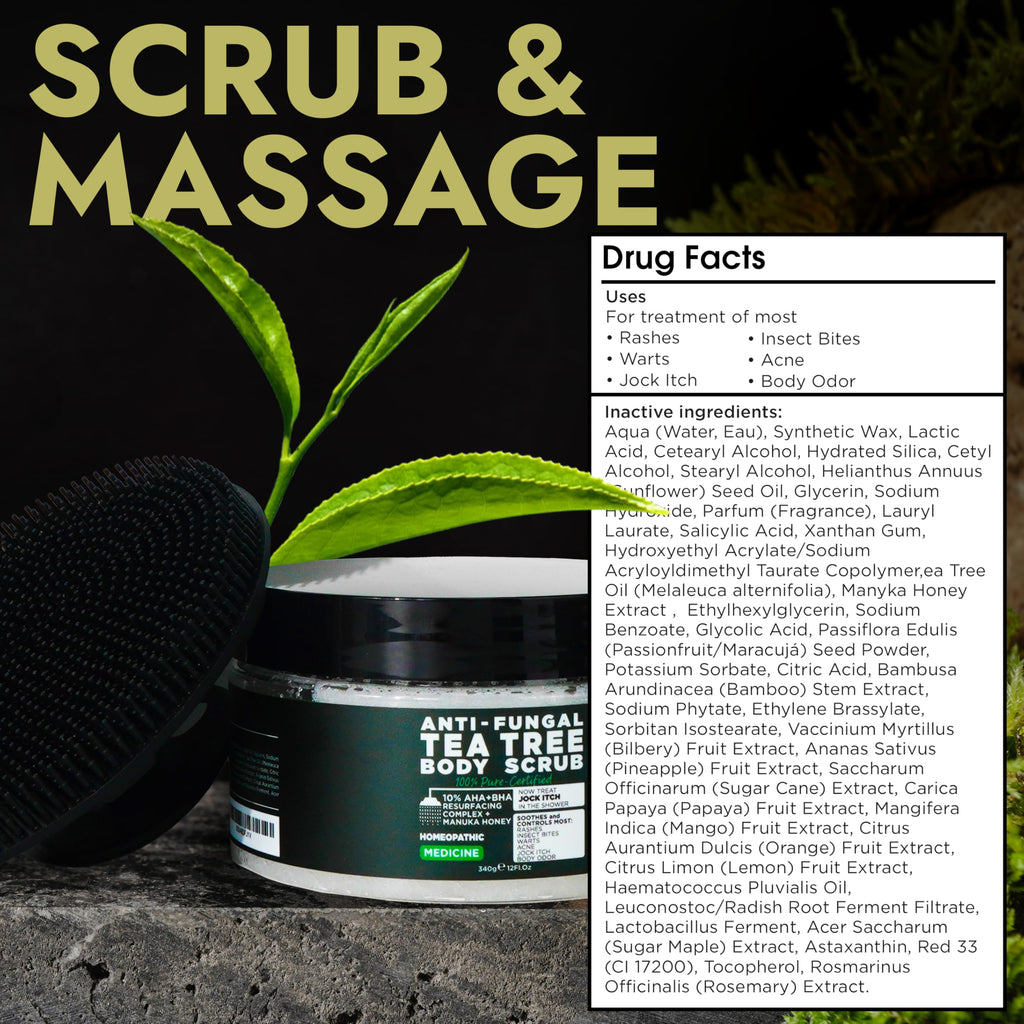 Terramed Just Think Comfort Antifungal Body Scrub with Tea Tree Oil – Exfoliating Body Wash for Women & Men – Soothes Itchy Skin, Rashes, Acne, Warts & Insects Bites – 12 Fl oz with Scrubber Brush