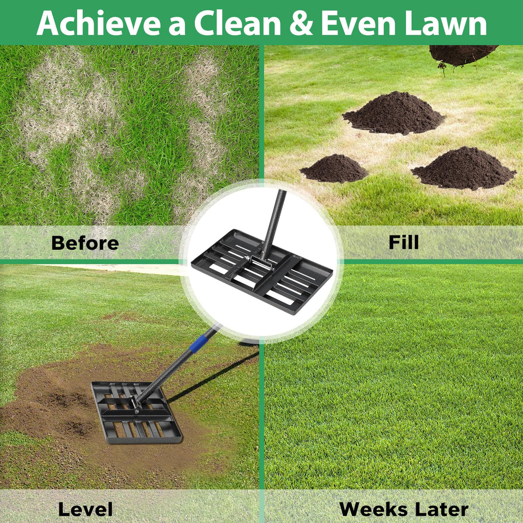 Lawn Leveling Rake, 6 FT Long Lawn Leveler with 17 x 10 Small Rakes Head for Smooth Garss Soil Dirt Sand, High Effect Long Handle Ground Leveling Tool with Round Edge for Yard Garden, No Flip