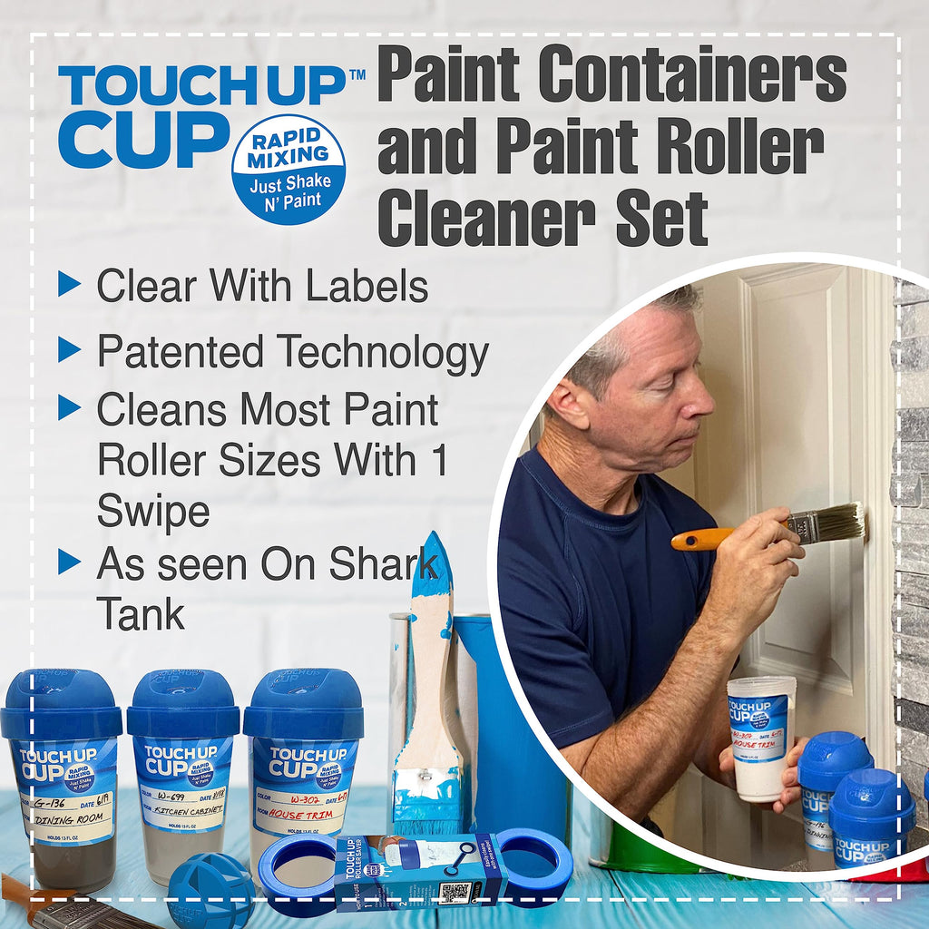 Touch Up Cup Paint Storage Containers and Paint Roller Cleaner Tool, 3 Plastic Painting Cups with Lids, 1 Paint Remover Tool, As Seen On Shark Tank Products