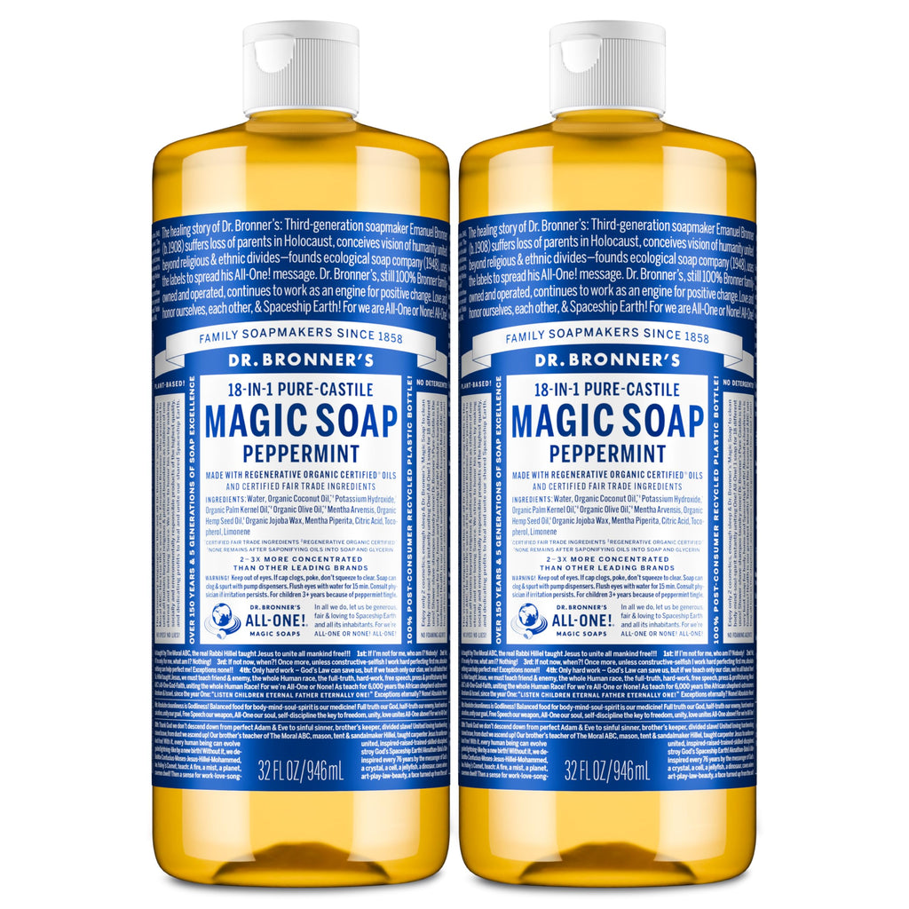 Dr. Bronner's Peppermint Pure-Castile Liquid Soap, Body Wash, 32 oz 2-Pack