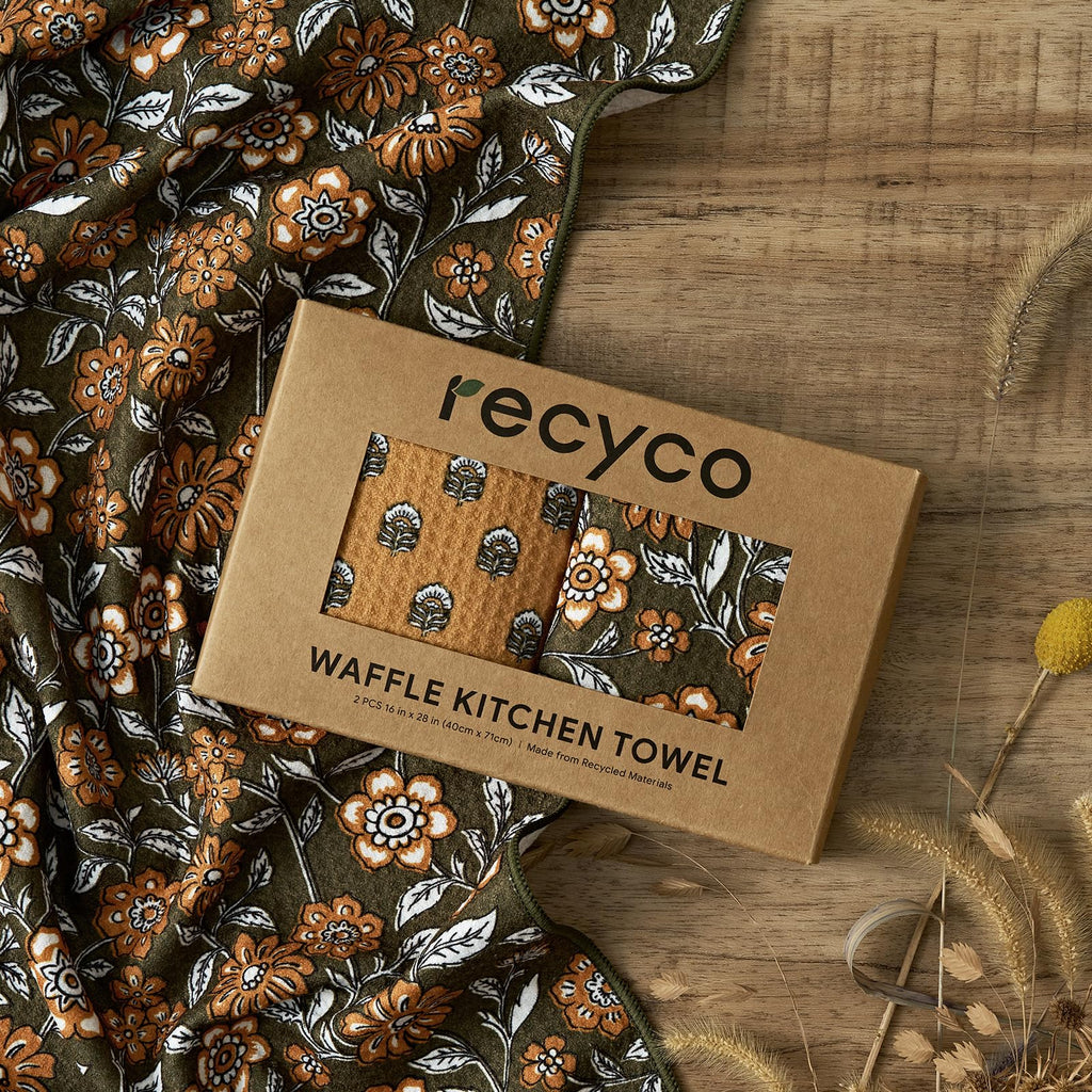 RECYCO Waffle Kitchen Towel Set of 2 - Quick Dry Microfiber Sustainable Dish Towels - Ultra Absorbent Reusable Cleaning Tea Towels - Lightweight Hand Towels,16”x 28”, Amber Flora
