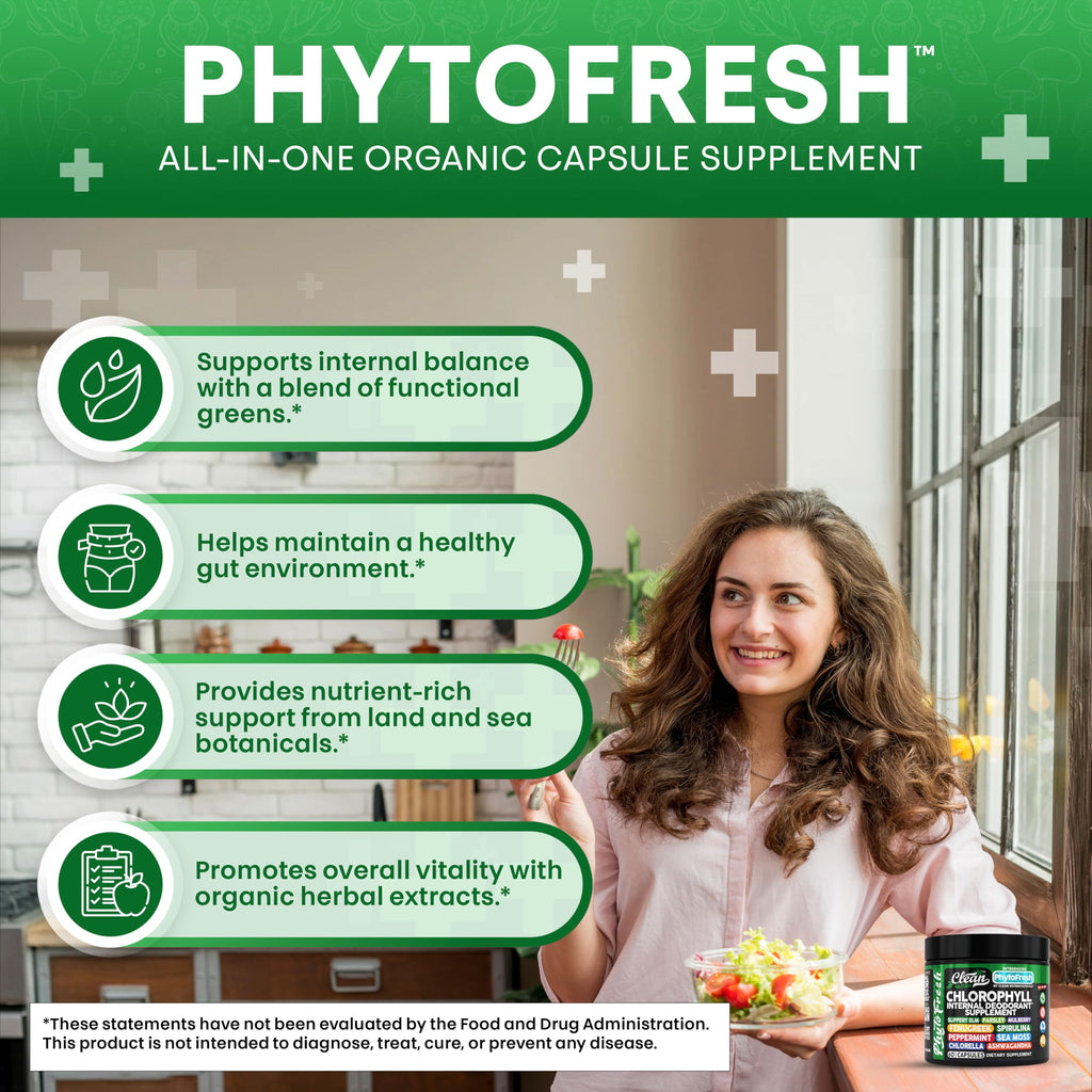 Clean Nutra Chlorophyll Capsules Supplement Internal Deodorant Peppermint, Sea Moss, Parsley, Chlorella, Spirulina, Slippery Elm, Ashwagandha, PhytoFresh Greens Detox Pills