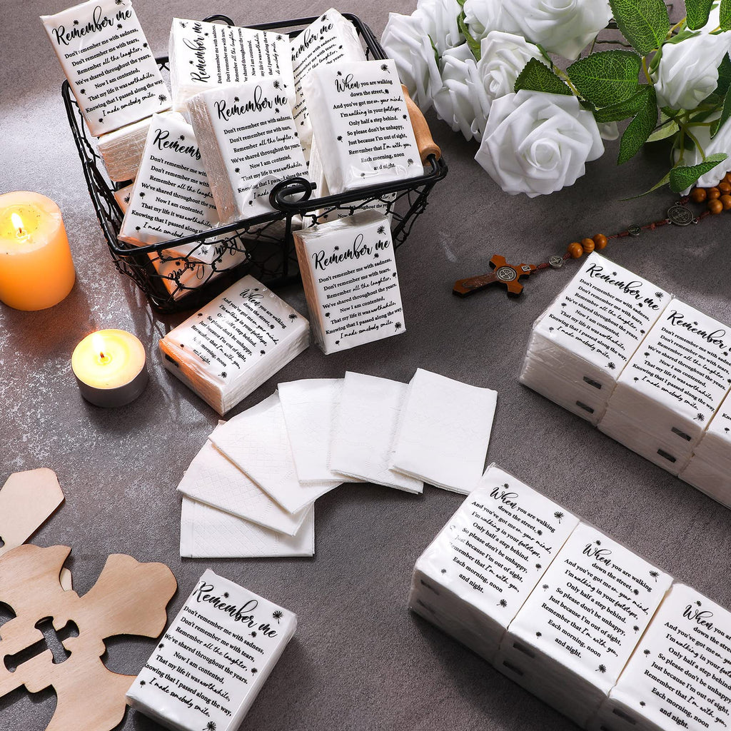 Sinmoe 120 Pack Funeral Tissues Packs for Guests Memorial Keepsakes Facial Pocket Tissues Favors Inspirational Poem 3 Ply Mini Travel Size Tissue Packs for Guests Relatives Family (Memorial)