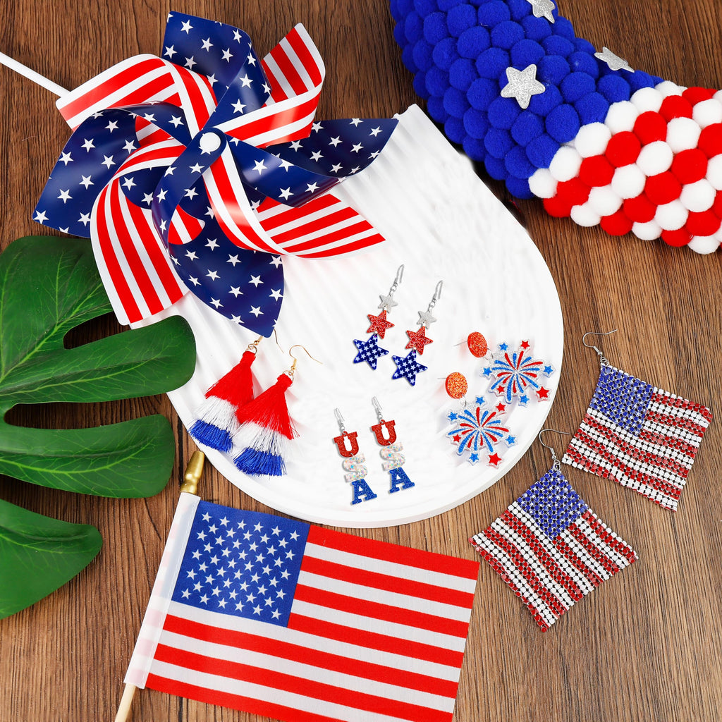 fulasiteu 5 Pairs Patriotic 4th of July Earrings for Women,American Flag Dangle Drop Stud Earrings Fourth of July Accessories Independence Memorial Day Party Favor Gift