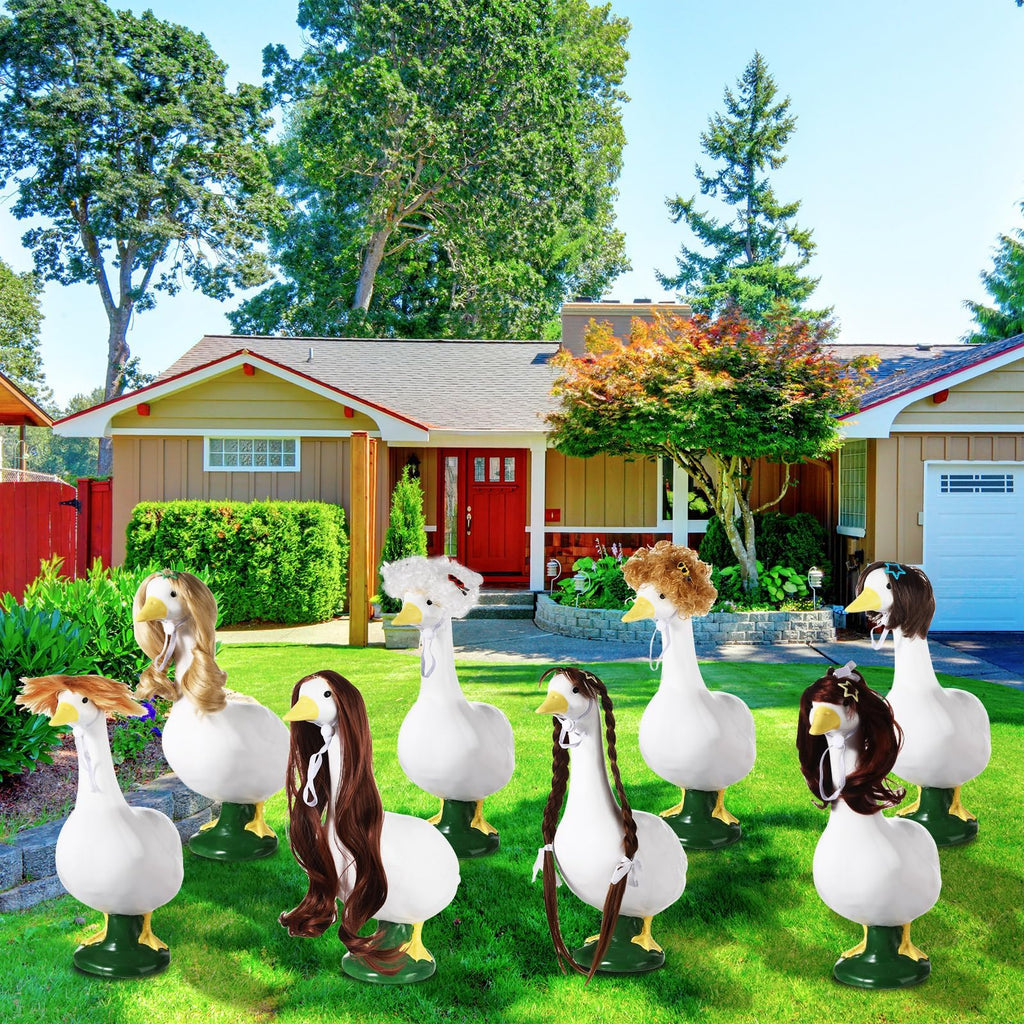 OBUSATT 8 Pcs Porch Goose Wigs Set Cute Lawn Statue Braid Wig with Hair Clips, Hair Ties, Ribbons Porch Goose Outfit Costume DIY Wigs Accessories for Outdoor Garden Patio Yard Goosey Decoration