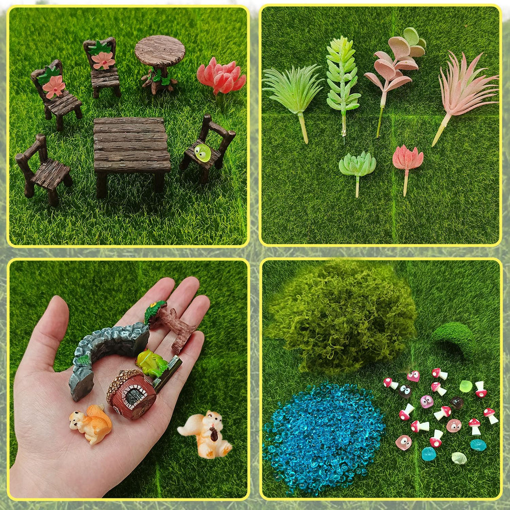QuarenDen 44 Pcs Fairy Garden Accessories, Miniature Table and Chairs Set, Miniature Figurines Mini Resin Animals House Bridge for Micro Landscape Potted Plant Terrarium Decor DIY Craft Gift