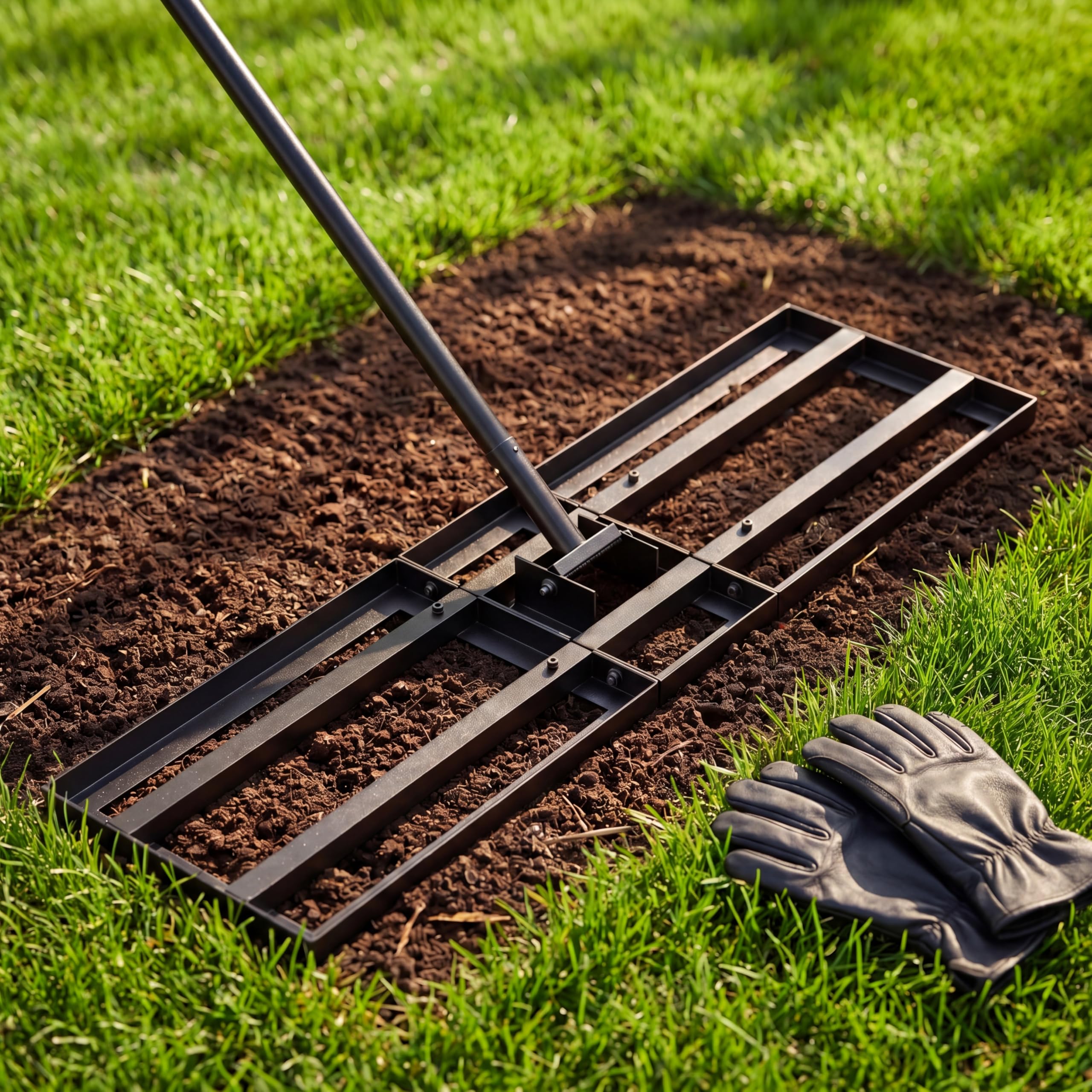 Lawn Leveling Rake - 30x10 Leveling Rake for Soil, Heavy Duty Yard Leveling Rake with 6.5FT Extra Long Handle, 2mm Thickened Stainless Steel Lawn Leveler, Landscape Tool for Dirt and Sand, with Gloves