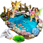 Mood Lab Fairy Garden Figurines - Fish Pond & Bridge - Miniature Decor Set (6 pcs) - Statues & Accessories - Outdoor & Indoor Garden Decor