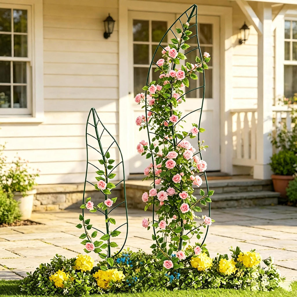 Garden Trellis Plant Support Trellis Green Leaf Trellis Garden Decoration for Climbing Vines Floral Metal Trellis Set of 2（Green）