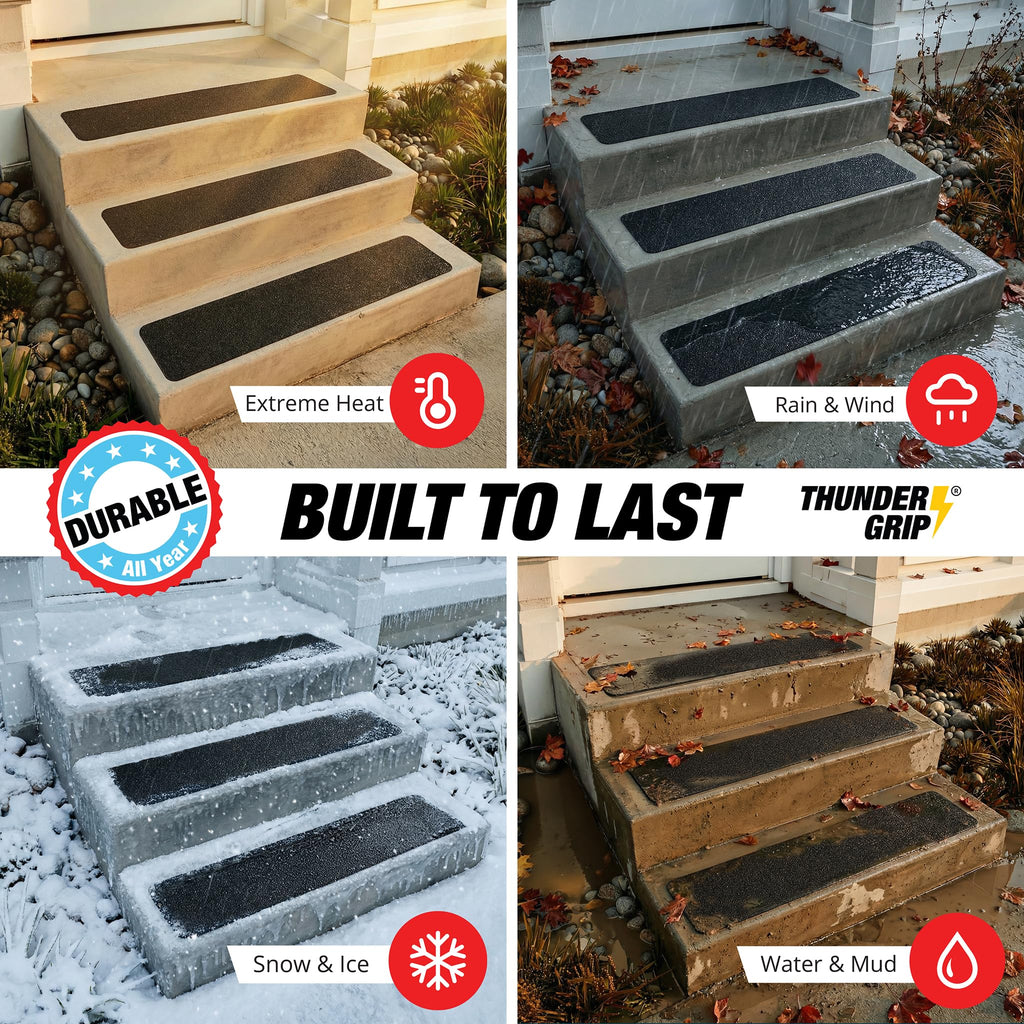 THUNDER GRIP Outdoor Stair Treads - Non Slip 30" x 6" - 12-Pack Weather Resistant Exterior Grip Tape - Anti Skid Strips - Waterproof 80-Grit Adhesive Treads