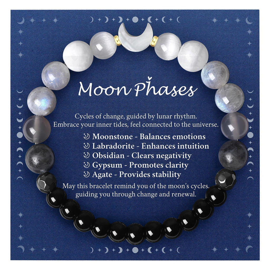 Moon Phase Moonstone Bracelet, Moon Jewelry Crystal Healing Gifts for Women