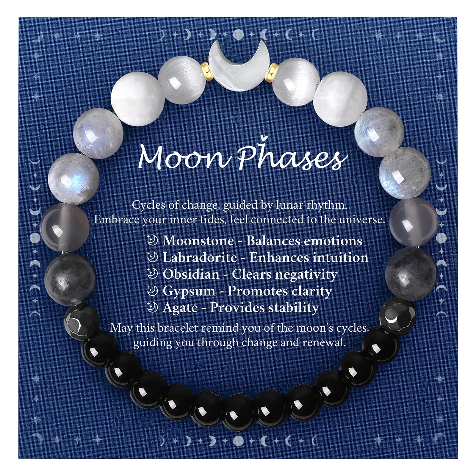 Moon Phase Moonstone Bracelet, Moon Jewelry Crystal Healing Gifts for Women