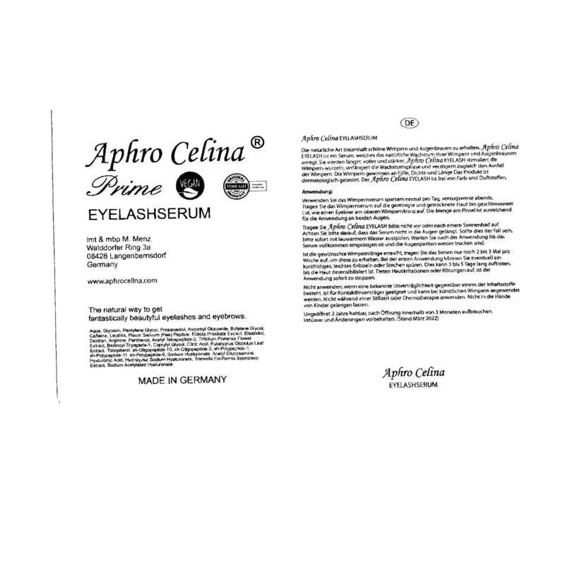 Aphro Celina Prime Eyelash Serum Vegan Pack of 1 (1 x 3 ml)