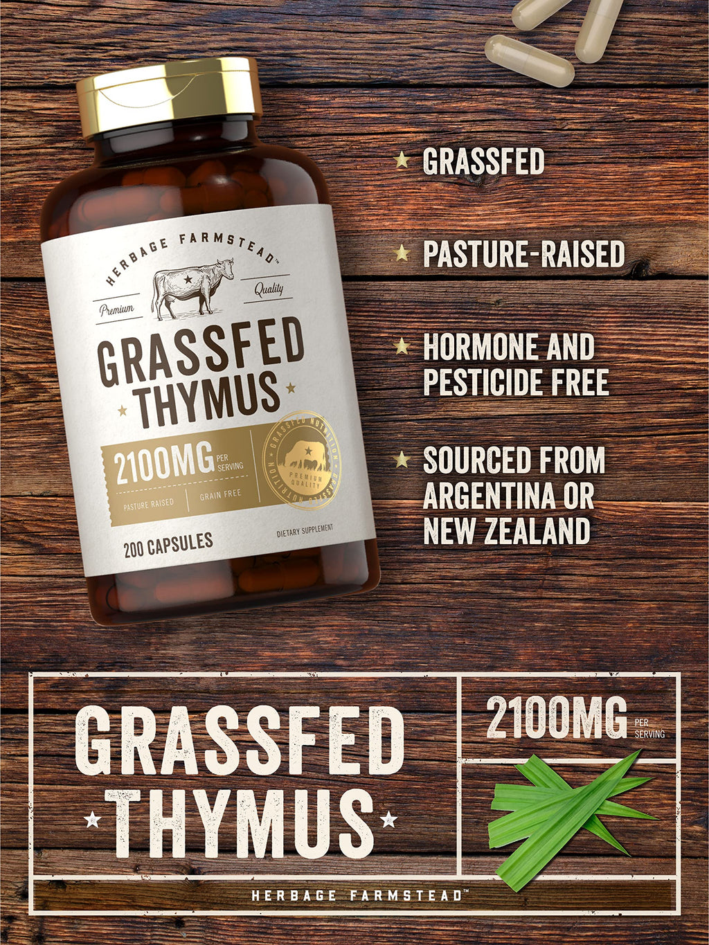 Carlyle Grass Fed Beef Thymus | 2100mg | 200 Capsules | Bovine Supplement | Pasture Raised, Non-GMO, Gluten Free | by Herbage Farmstead