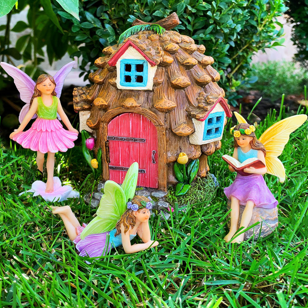 Mood Lab Fairy Garden Figurines - Pinecone Fairy House Set (4 pcs) - Miniature Decorative Statues & Accessories - Outdoor & Indoor Garden Decor
