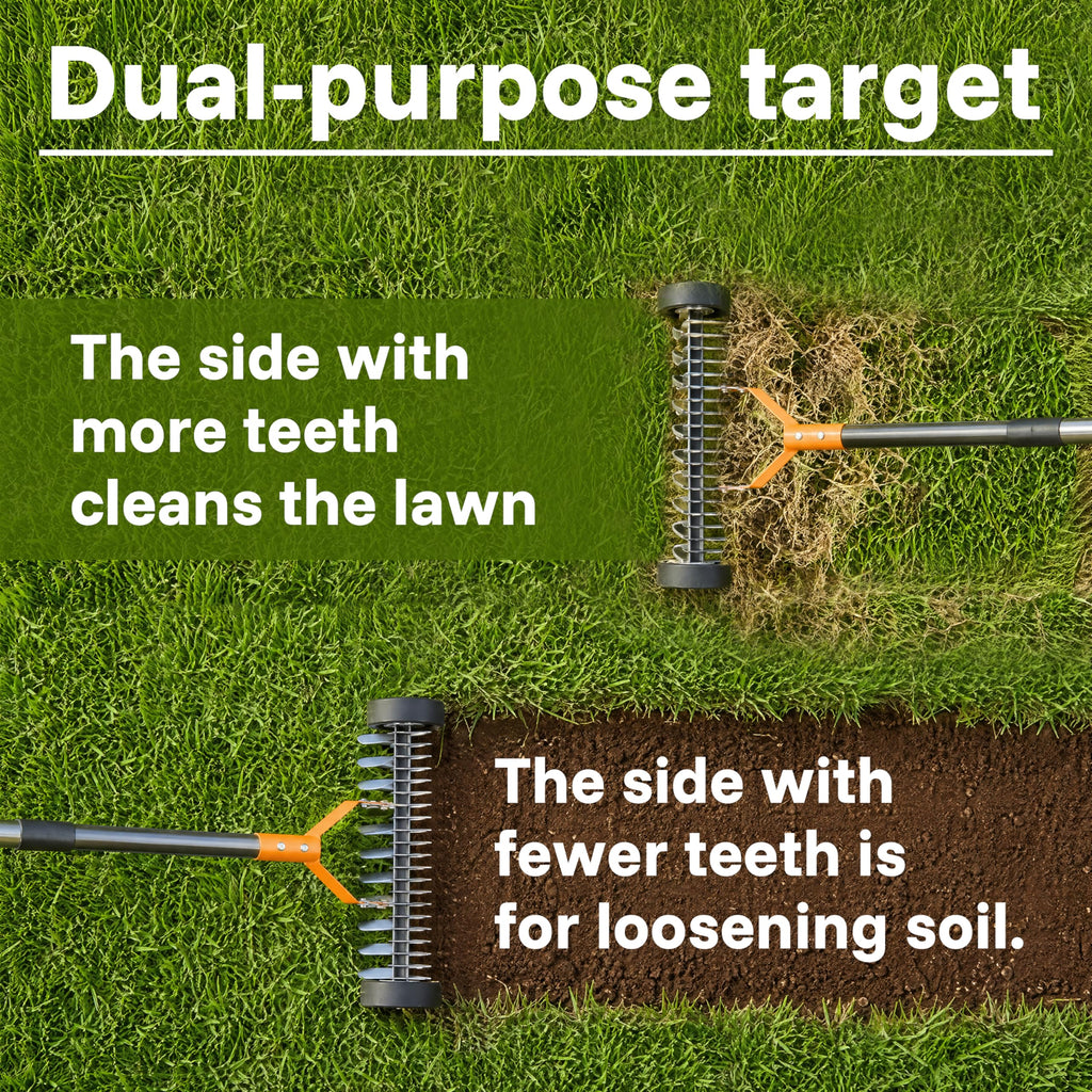 Thatch Rake 15 Inch with Wheels for Lawn Dethatching