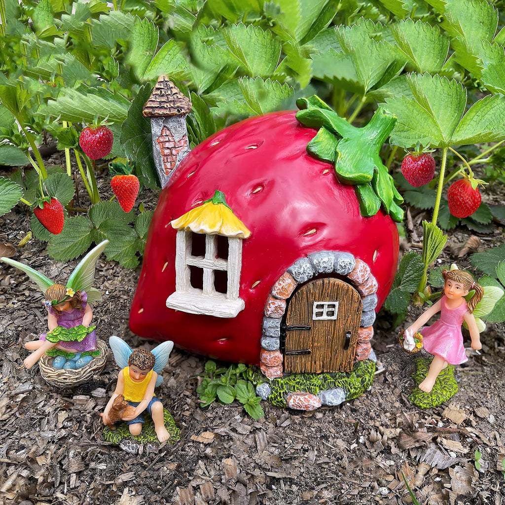 Mood Lab Fairy Garden Figurines - Strawberry House Set (4 pcs) - Miniature Decorative Statues & Accessories - Outdoor & Indoor Garden Decor