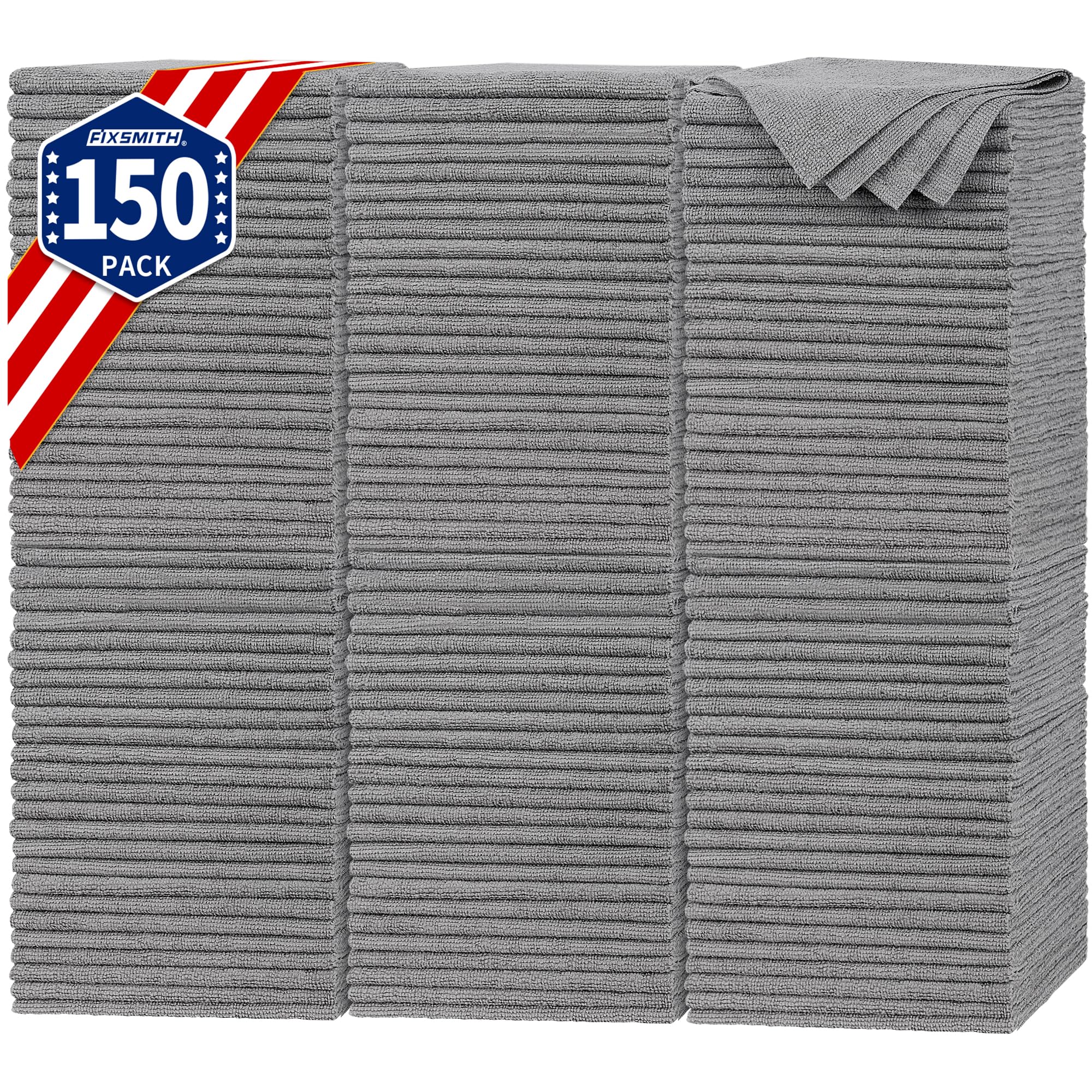 FIXSMITH Shop Towels, Pack of 150, Grey Microfiber Cleaning Cloth Bulk, Microfiber Towels for Cars, All-Purpose Absorbent Cleaning Rags, Dust Cloth for Automotive, Mechanic, Garage, 11.5 x 11.5 inch