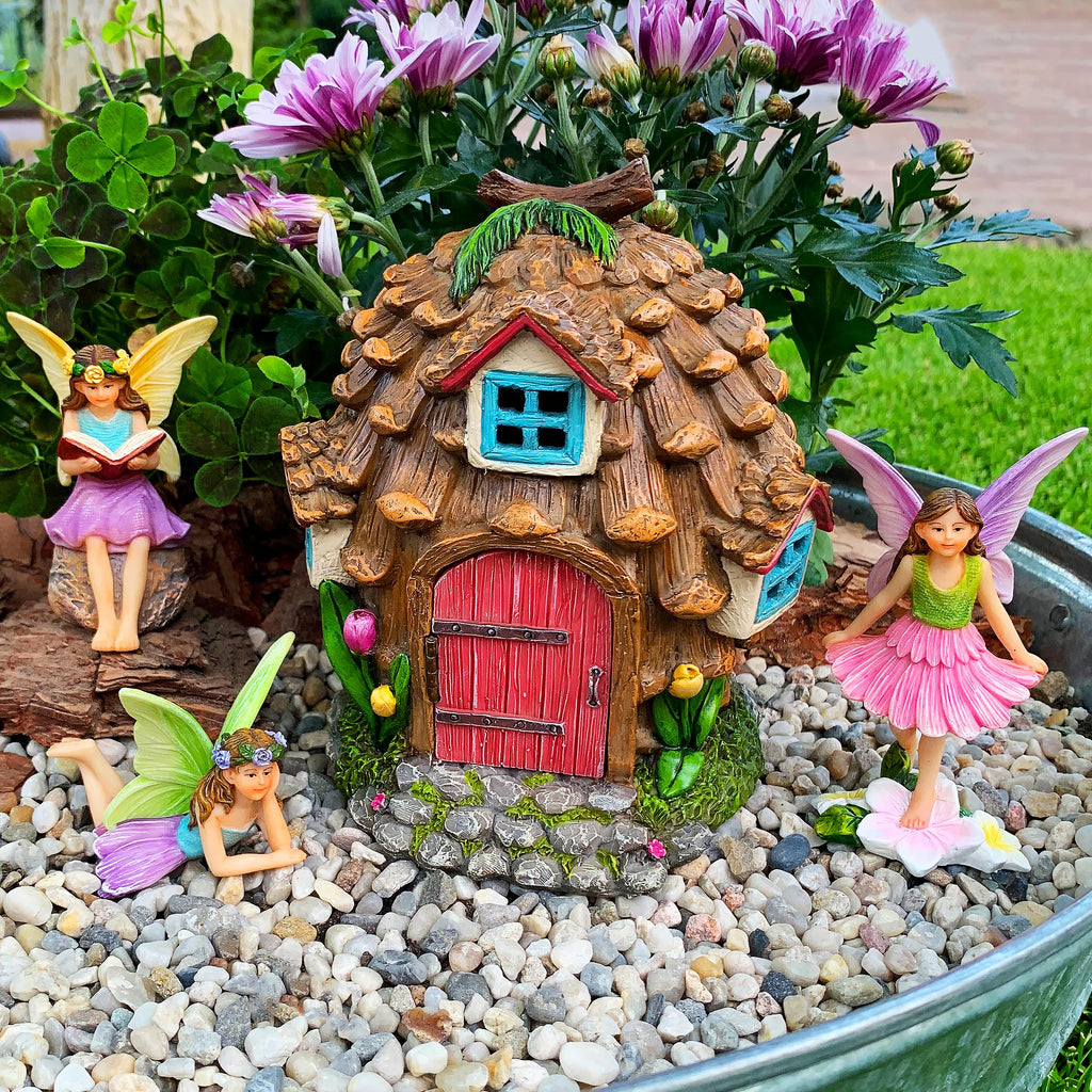 Mood Lab Fairy Garden Figurines - Pinecone Fairy House Set (4 pcs) - Miniature Decorative Statues & Accessories - Outdoor & Indoor Garden Decor