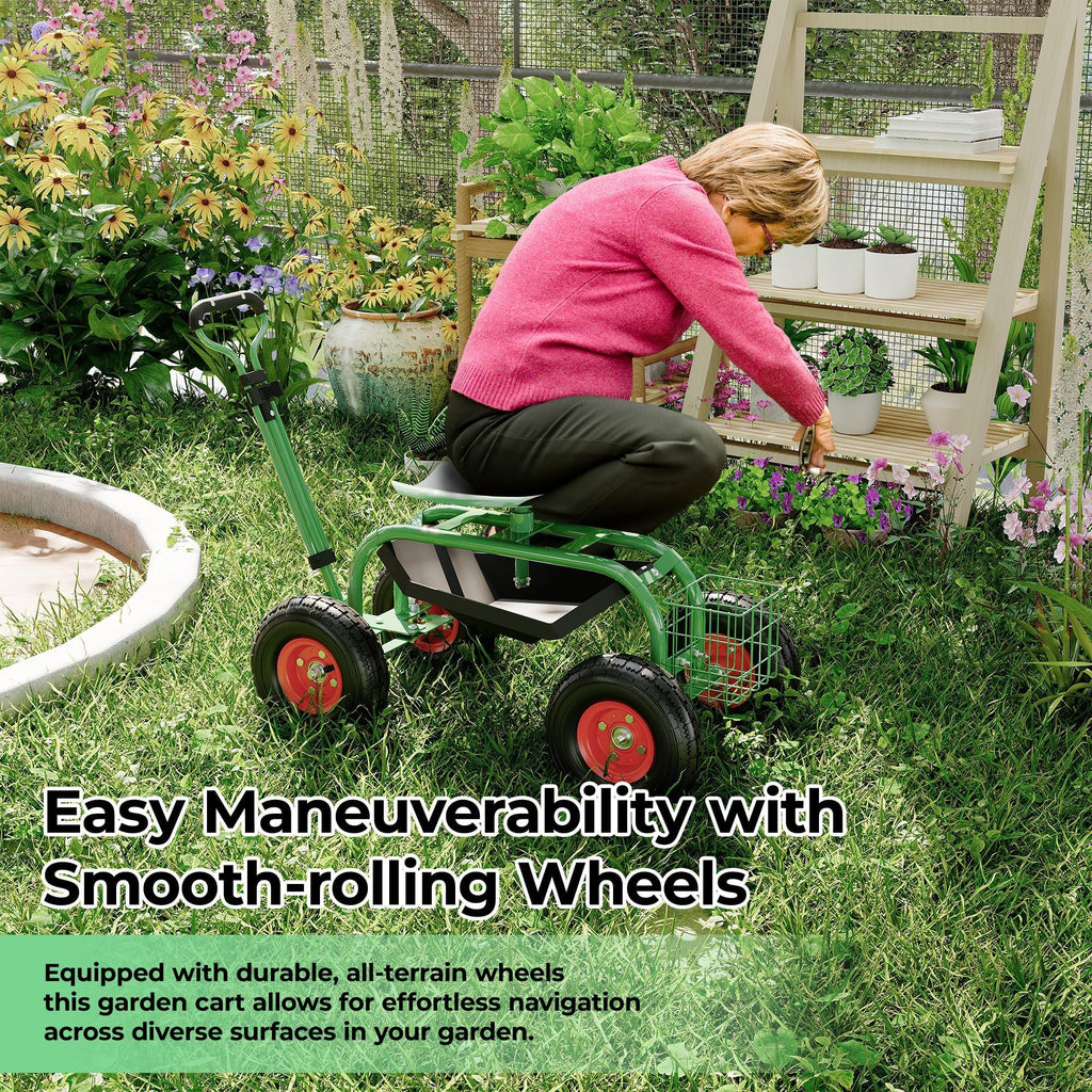 PeacefulHues Garden Scooter Rolling Work Seat – 360° Swivel Garden Cart with Wheels, Tool Tray & Steering Handle – Heavy Duty Outdoor Stool for Planting, Weeding & Yard Work