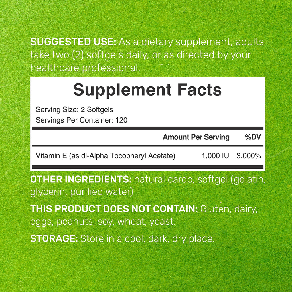 Vitamin E Supplements, 1,000 IU Per Serving, 240 Softgels – Extra Strength Antioxidant Protection – Bioavailable Stable Form – Skin, Heart, Brain, & Immune Support – Non-GMO